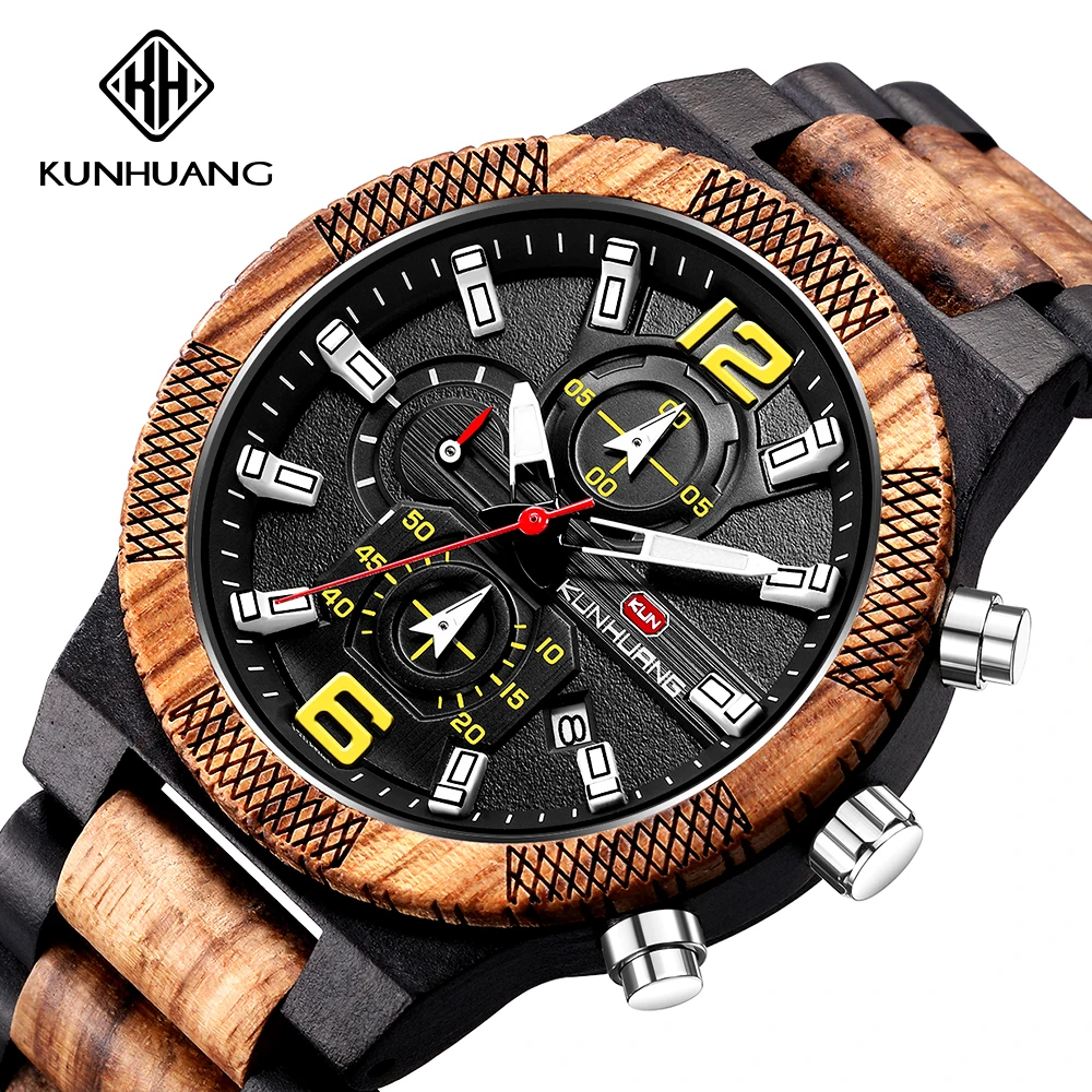 Montres en bois pour hommes, montre en bois multifonction lumineuse de luxe pour hommes, montre rétro à Quartz pour hommes, montres de Sport à la