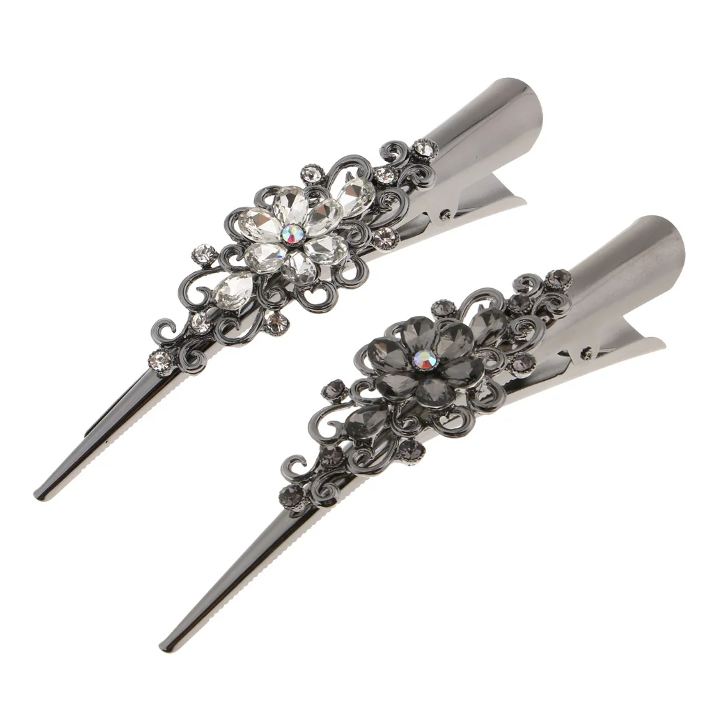 2PCS Elegant Crystal Rhinestone Flower Large Alligator Long Duck Bill Hair Clips Hairpin Hair Jewelry Accessories for Women