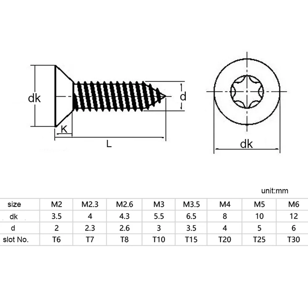 5/50x ST2 M2.3 M2.6 M3 M3.5 M4 M5 M6 304 A2 acciaio inossidabile sei lobi Torx testa svasata piatta sicurezza vite autofilettante per legno