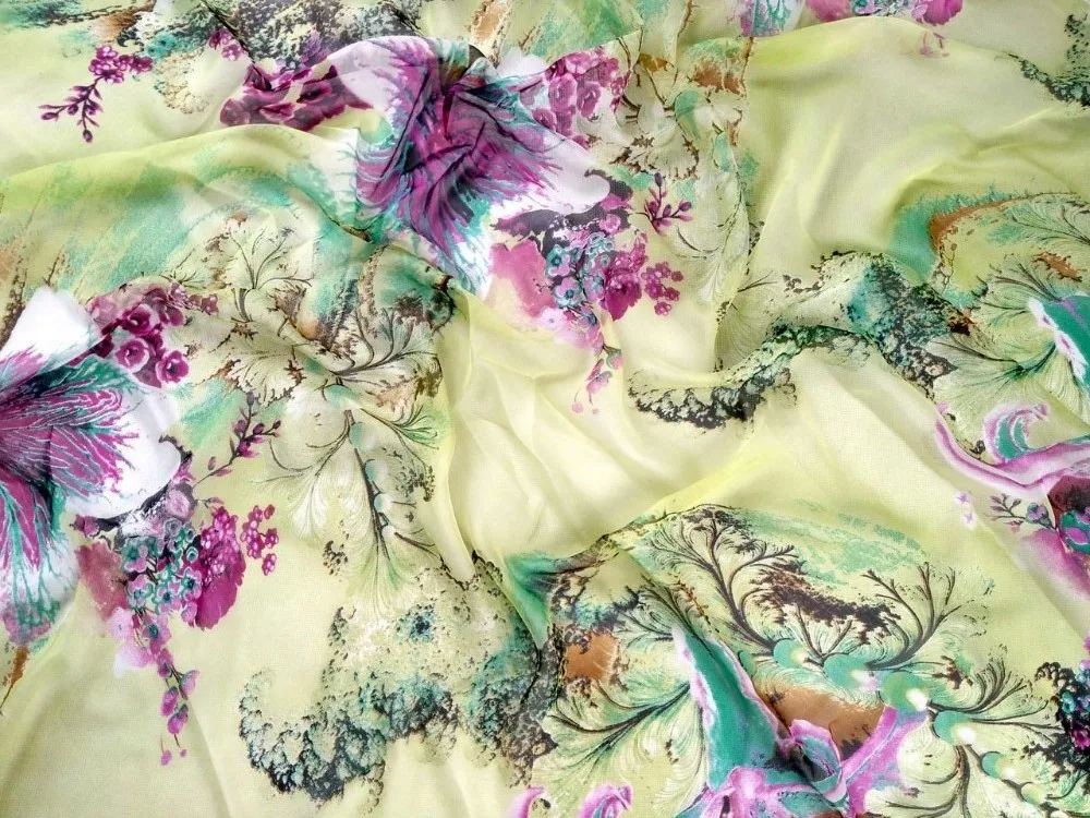 New Designer 100% Pure Natural Mulberry Silk Chiffon Fabric Light Yellow Flowers Print Shirt Cloth Decoration Scarf Wide Tissu