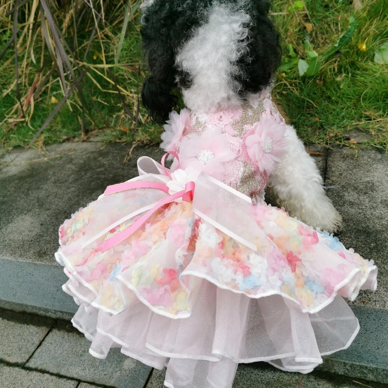 2023 Pet Dog Clothes Pink Colorful Three-dimensional Flowers Bowknot Handmade Wedding Dresses Puppy Dog Costume Lace Dress XS-XL