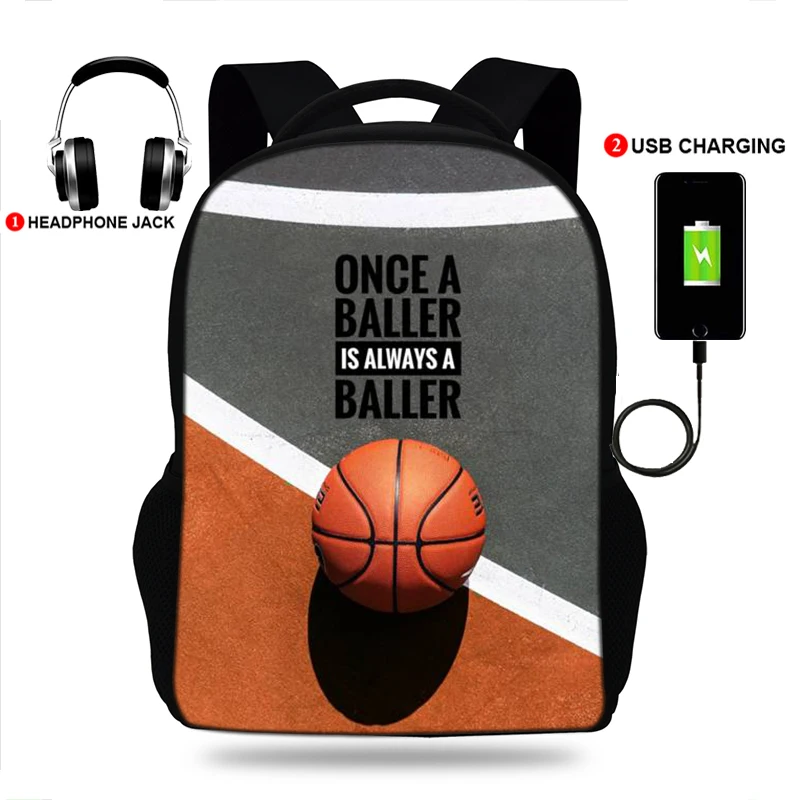 17inchLuxury Basketball Basket Print College Backpack usb Charger Schoolbag Laptop Backpacks for Teenage School Bag Boys Mochila