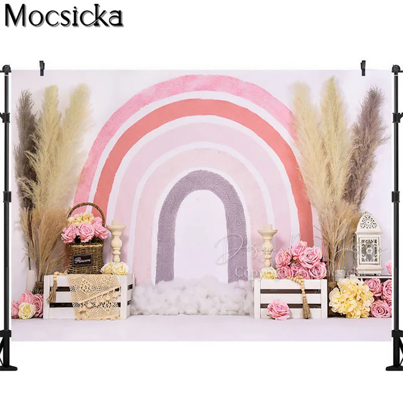 Bohemia Rainbow Photography Backdrops Girl Birthday Cake Smash Background Kids Photo Props Studio Booth Reed Flower Decoration