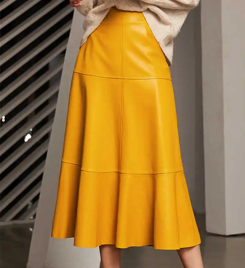 High Waist Real Sheepskin Genuine Leather Skirt Women High Quality Luxury Runway Designer New Long Elegant Ladies Maxi Skirts