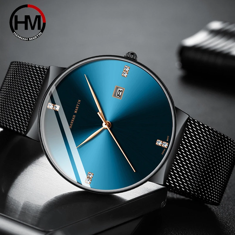 Hannah Martin Fashion Blue Black Gradient Men Watch Diamond Business Waterproof Calendar Wristwatch Japanese Movement Quartz