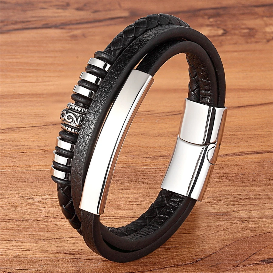 TYO Trendy Designer Stainless Steel Rope Woven Magnetic Genuine Leather Black Bracelet for Men Cross Braided Jewelry Accessories