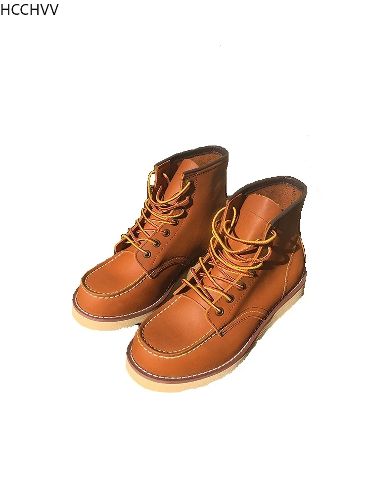 Handmade High Quality Fashion Genuine Leather Men Ankle Boots Outdoor Wings Motorcycle Boots Lace-up Work Men\'s Shoes Red Brown