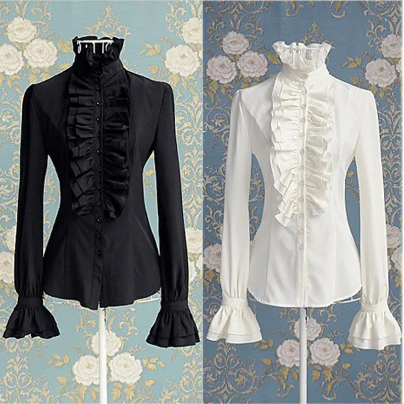 แฟชั่น Victorian เสื้อผู้หญิงสำนักงาน OL สุภาพสตรีเสื้อสีขาวคอ Frill Ruffle Cuffs เสื้อหญิงเสื้อ