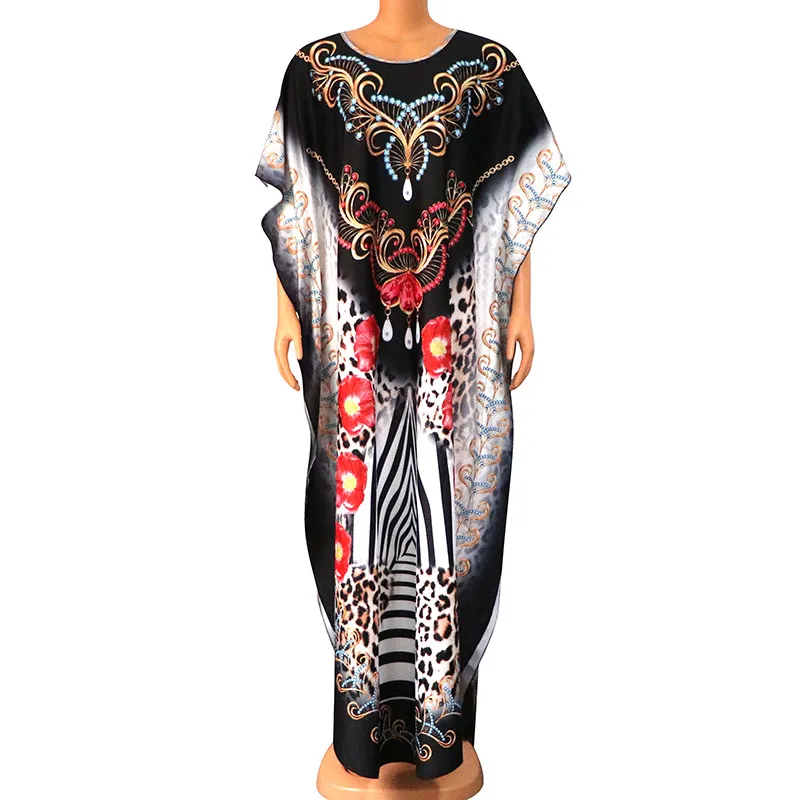 

2020 Newest African Dresses For Women Fashion Summer Floral Jewelry Leopard Print Batwing Sleeve Maxi Dress African Clothing