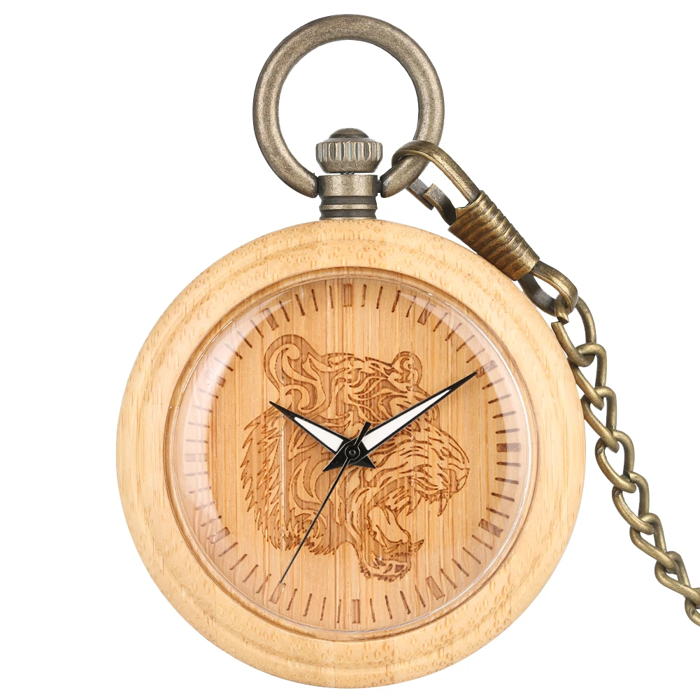 Classic Bamboo Pocket Watch Unique Pattern Dial Pocket Watch Chain Pendant Watch for Women Men