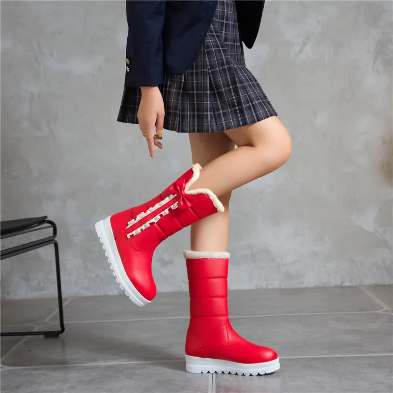 YQBTDL 2020 Fashion Sweet Princess Ruffles Bowtie Mid Long Wedges Snow Boots Warm Thicker Ladies Winter Lolita Shoes Red White