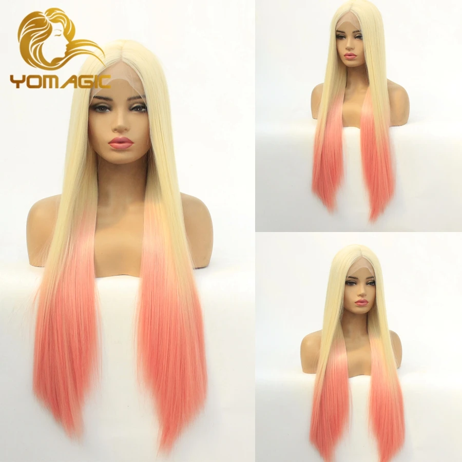 

Yomagic Long Straight Synthetic Hair Lace Front Wigs for Women Natural Hairline Ombre Blonde Color Synthetic Glueless Lace Wigs