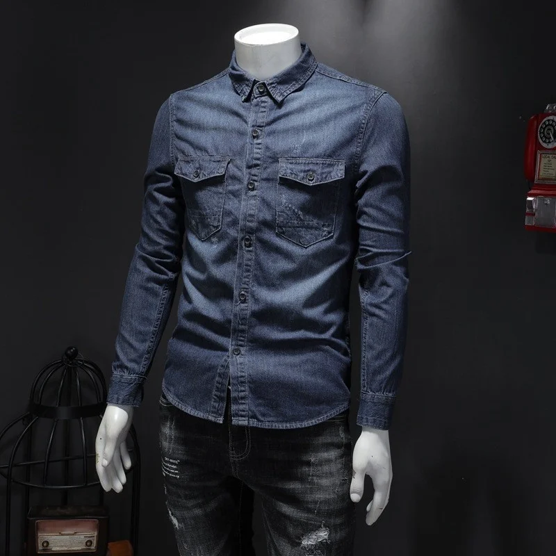 Summer 2022 Japan Style Vintage Denim Shirts Men Plus Size 4XL Long Sleeve Slim Blue Tops Shirts Street Pocket Casual Shirts