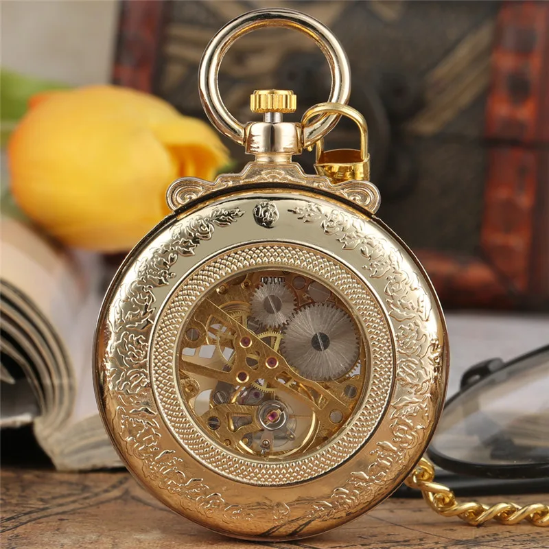 Antique Gold Men Women Hand-Wind Mechanical Pocket Watch Open Face Luminous Hands Roman Number Dial Pendant Chain Clock Gift