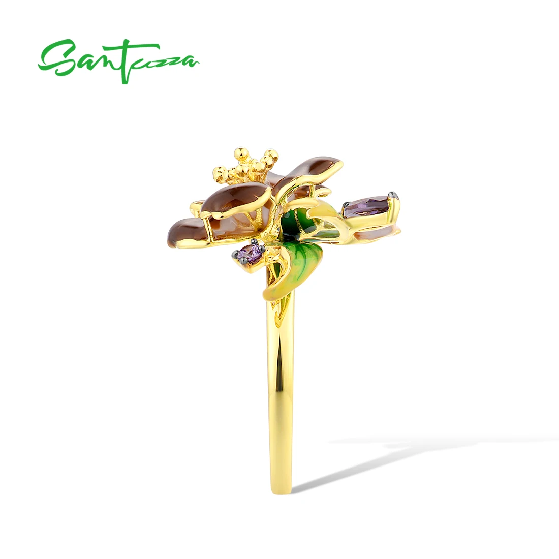 SANTUZZA Pure 925 Sterling Silver Rings For Women Exquisite Blooming Flower Amethyst CZ Ring Party Fine Jewelry Handmade Enamel image 3