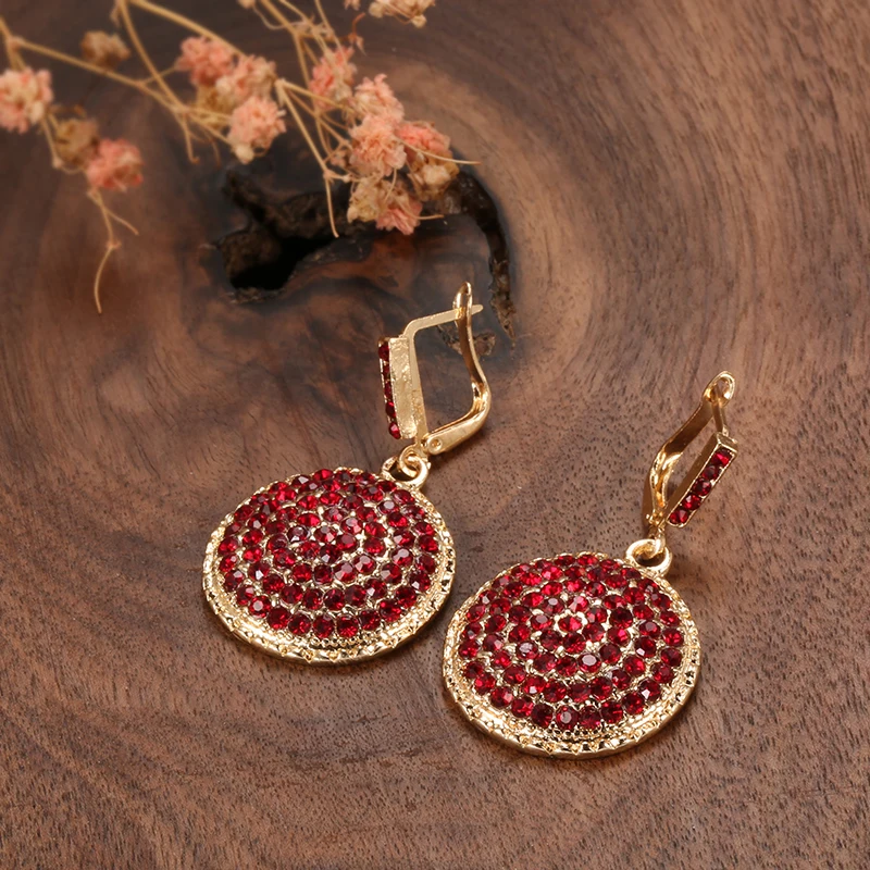 Wbmqda Hot Red Crystal Women Big Round Drop Earrings Fashion Gold Color Morocco Banquet Wedding Earring Statement Jewelry