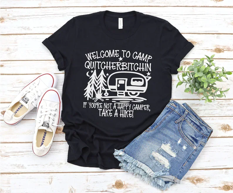 Camping Happy Camper Welcome Funny Cute Summer T-Shirt Short Sleeve 100% Cotton Top Tee Funny Letter Print Graphic O Neck Tshirt