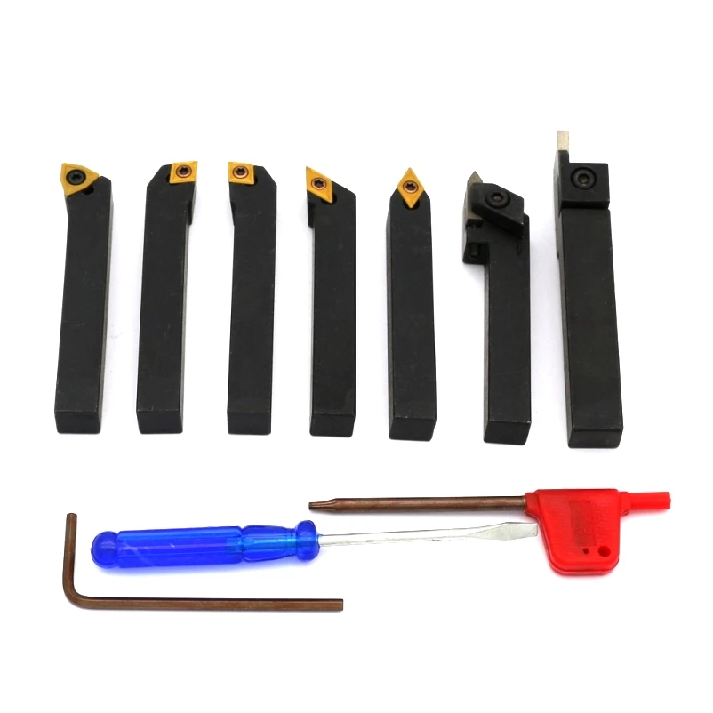 6mm 8mm 10mm  7pcs/set indexable lathe cutting tools set with inserts for CNC machine, Tincoated, lathe turning tools set