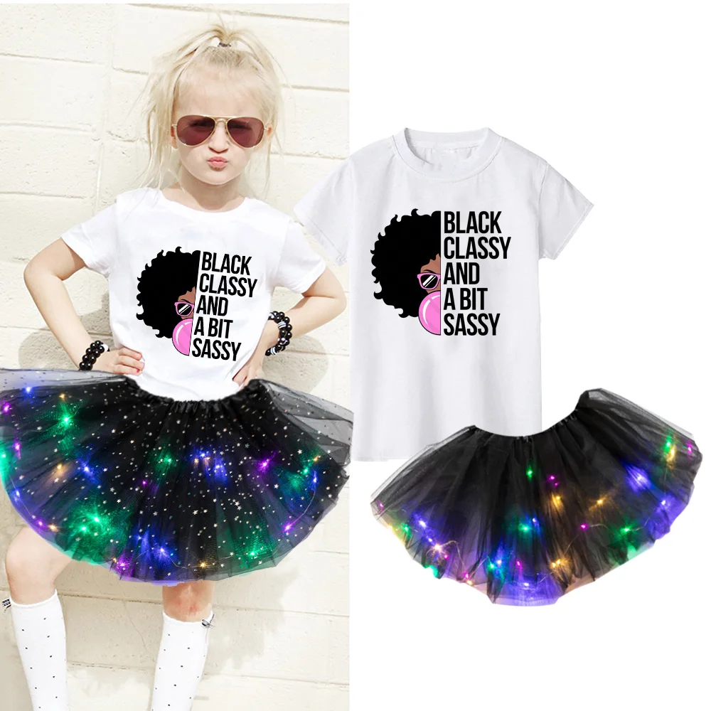 

Girls Customization Dress Sets Party Dress Black African Curly Hair Girl Short Sleeve Printed Cartoon T-shirt+Skirt+Hairpin Suit