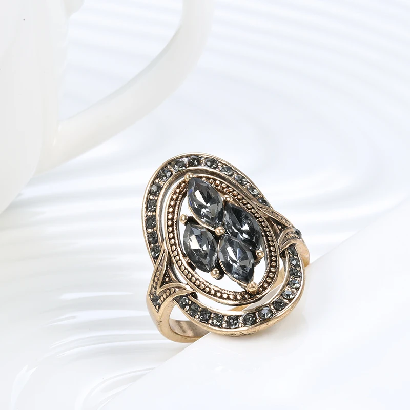 Wbmqda Charm Boho Gray Crystal Rings for Women 585 Antique Gold Color Ethnic Wedding Ring Vintage Jewelry Russia Accessories