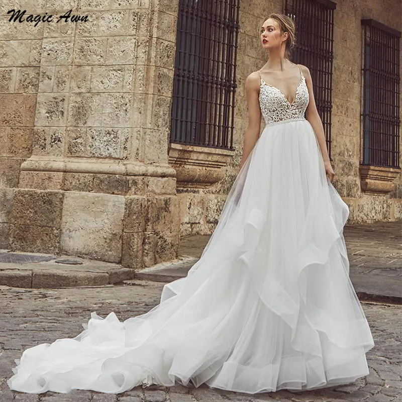 Magic Awn New Lace Appliques Boho abiti da sposa spalline aperte scollo a v spiaggia A-Line abiti da sposa Robe De Mariee