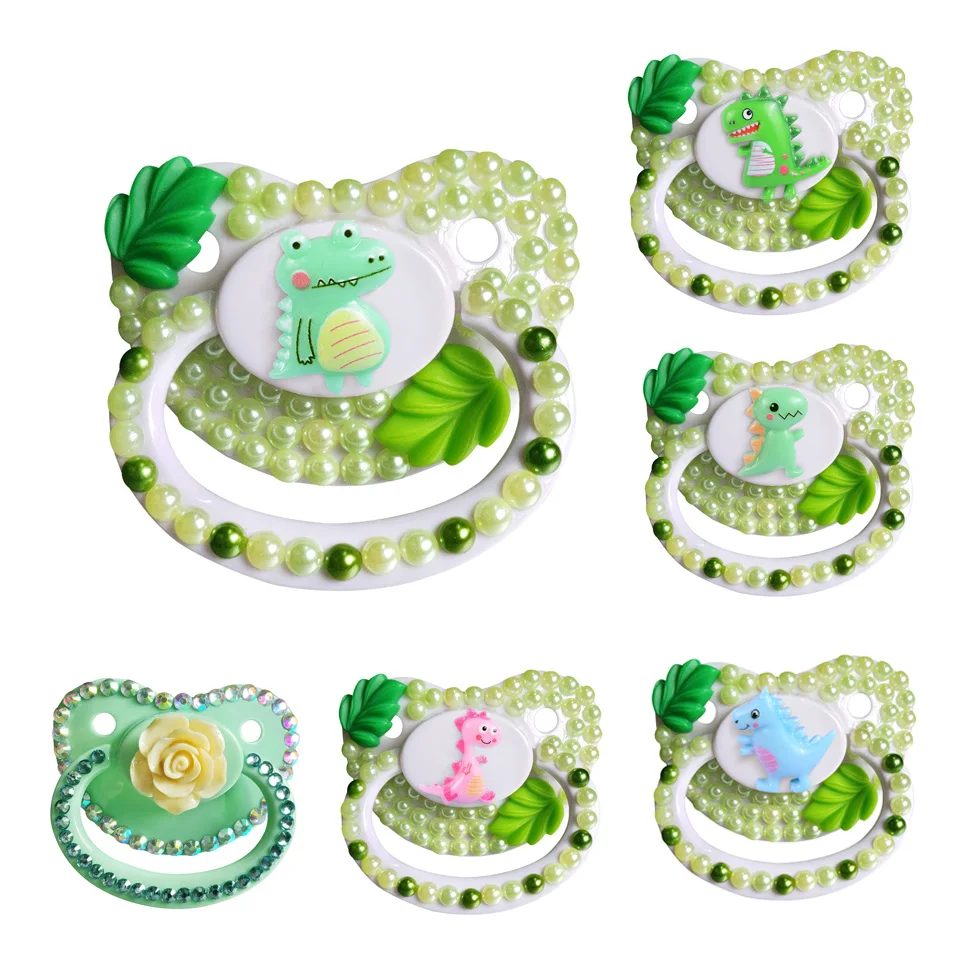 Handmade Bling Green Adult Pacifier Adult Baby Size Cute Gem Pacifier Dummy Silicone Nipple Dinosaur Pacifier