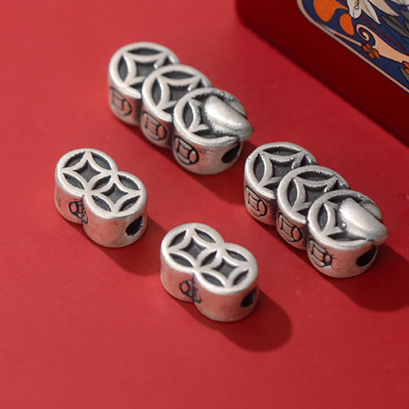 999 Pure Silver Vintage Chinese Coin Tube Loose Beads S999 Silver 3D Craftwork BE RICH Blessing Space Beads DIY Jewelry Making