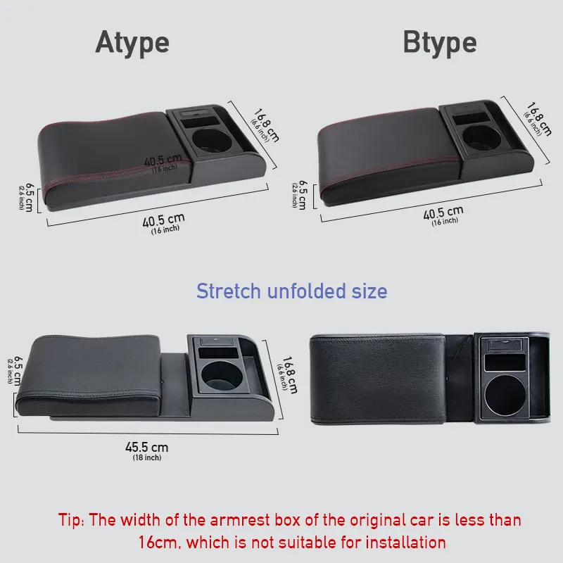 BLALION PU Leather Car Armrest Box Extender Soft Elbow Suppoty Cushion with USB Charging Ports Cup Holder Adjustable Car ArmRest