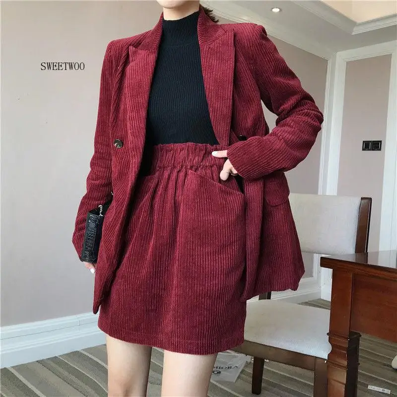 Blazer de pana para mujer, chaqueta elegante con cuello de muesca, doble botonadura, color rojo vino, Otoño, 2020