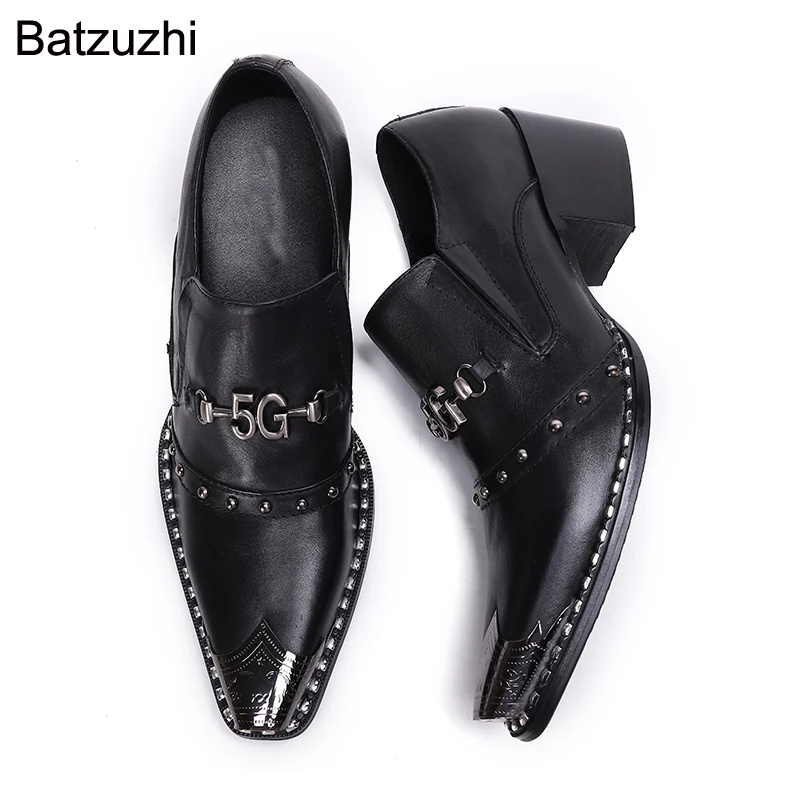 Batzuzhi 6.5cm Heels Men Shoes Party Shoes Korean Style Gentleman Pointed Toe Genuine Leather Oxford Shoes, Big Size 38-46