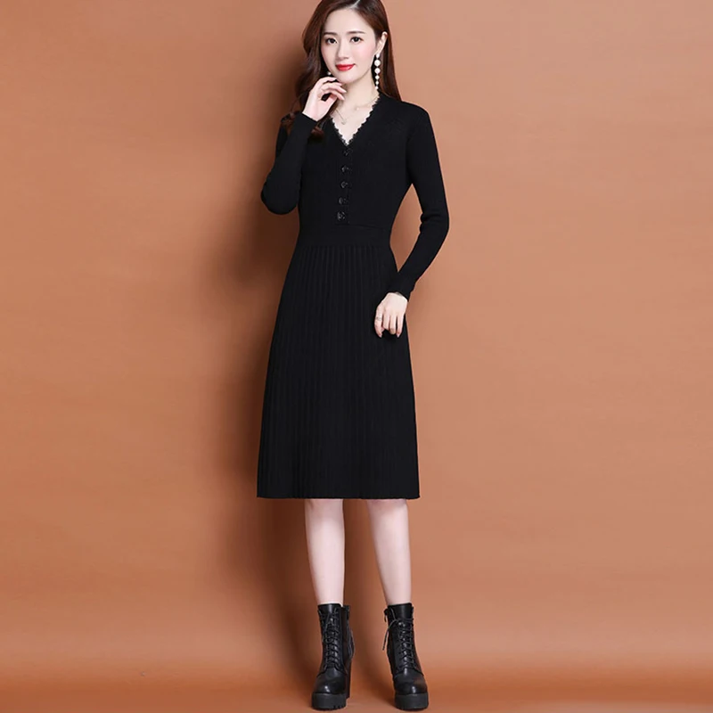 Knitted Long Sleeve Dress Women 2021 Slim Bodycon Autumn Korean Elegant Fall Winter Button V Neck Sweater Midi Pleated Dress 130