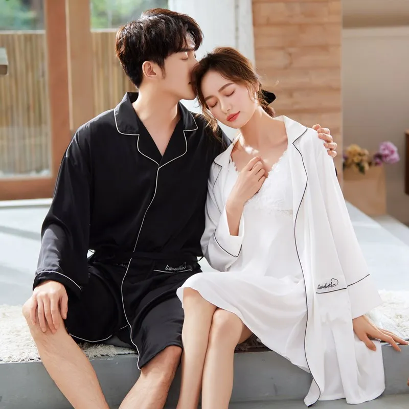 Spring and summer lovers ice silk pajamas female Korean version of lace sexy halter robe two sets of men's robe silkhome clothes