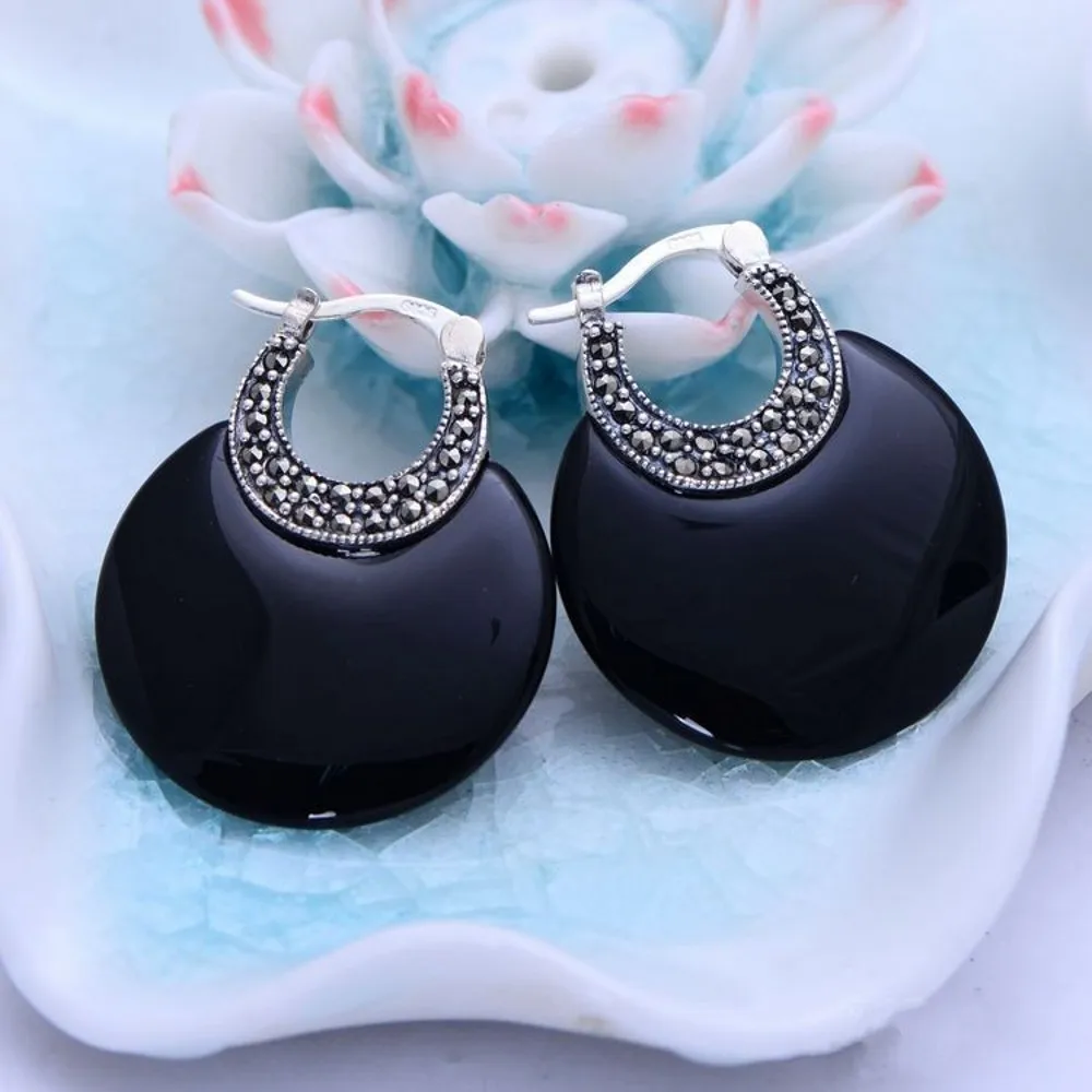 

925 sterling silver jewelry inlaid Onyx Black / White Opal woman earrings 925 silver earrings Female earrings