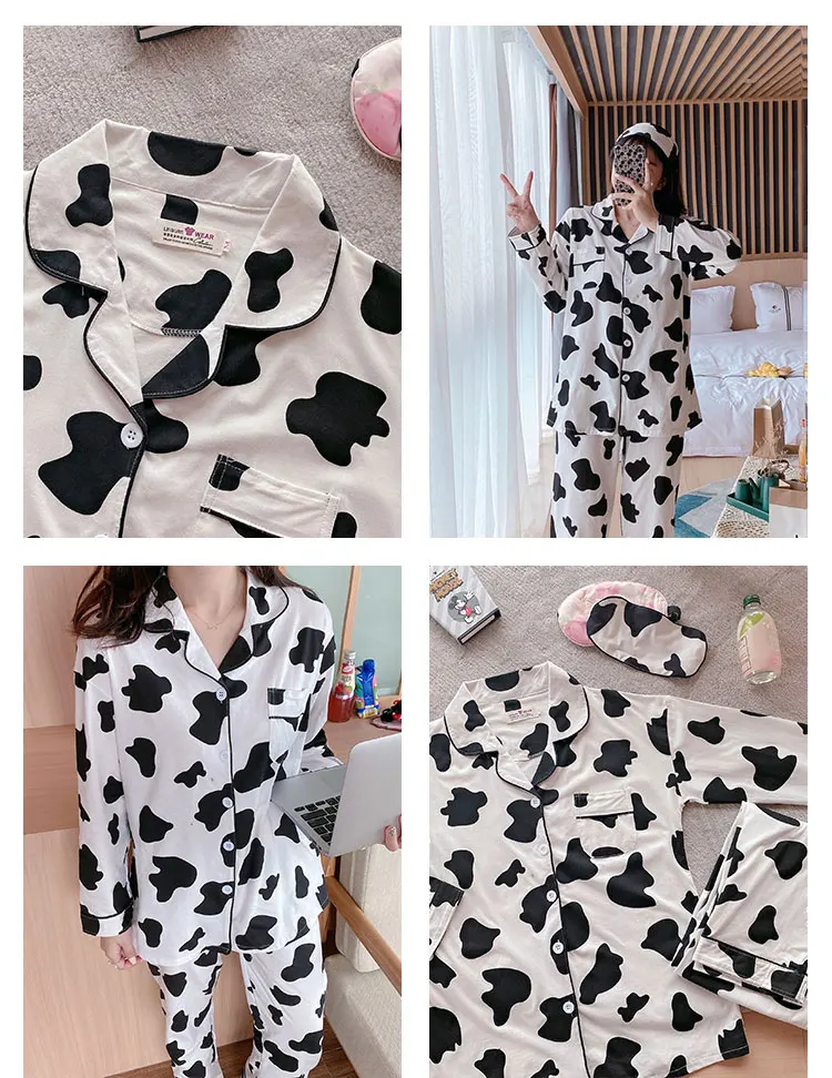 Cow Print Pajamas for Women Cute Home Suit Sleepwear Set Winter Pyjamas Women Homewear Pijama Mujer Home Clothes for Women