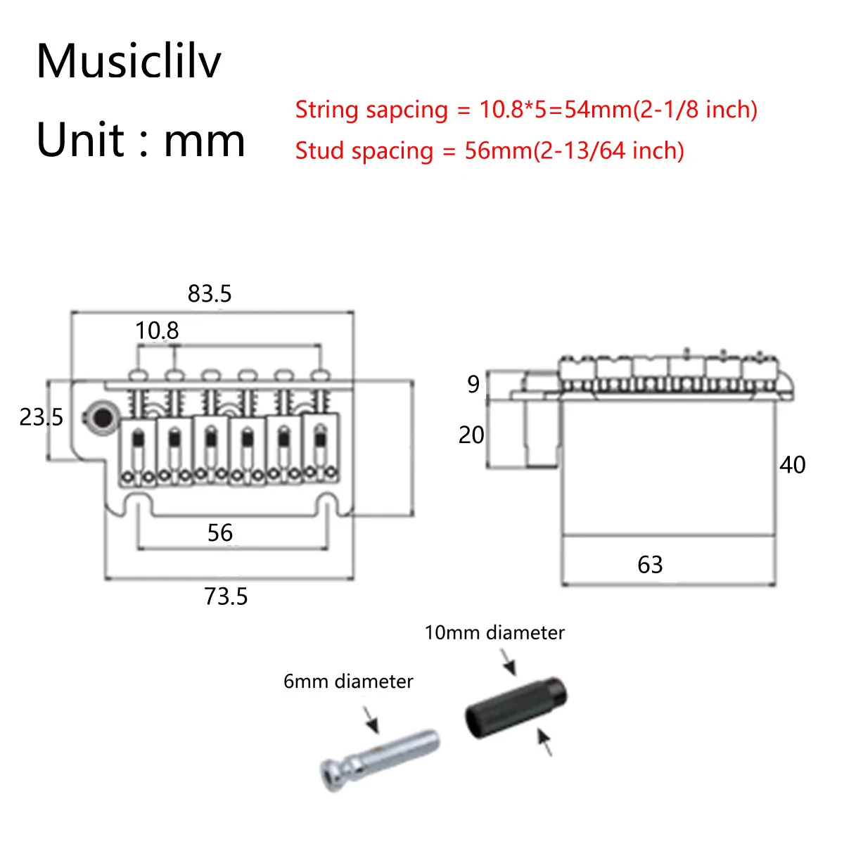 Musiclily Pro 54mm 2-Point Style Guitar Tremolo Bridge with Stainless Steel Saddles Full Steel Block for Japan Import ST,Gold