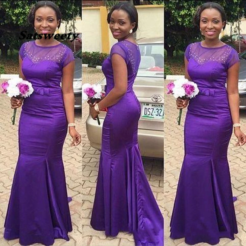 Cheap Long African Purple Bridesmaid Dresses Mermaid With Beaded Short Sleeves Dress For Wedding Party vestido dama de hono