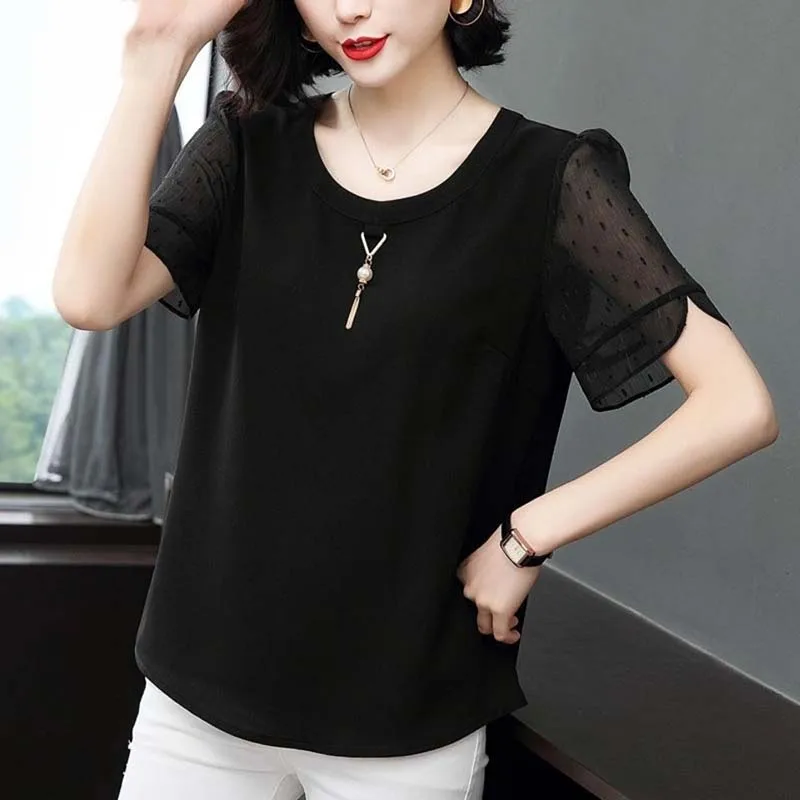 Women Spring Summer Style Chiffon Blouses Shirts Lady Casual Short Sleeve O-Neck Chiffon Blusas Tops SP305