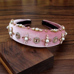 Novel Baroque Padded Wedding Headbands Pink Crystal And Pearl Flower Velvet Hairbands For Women Hair Accessories