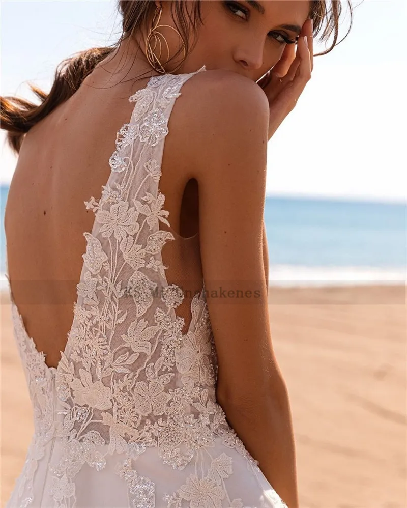 Vintage Beach Wedding Dresses Lace Sparky Bohemian Bride Dress 2022 Backless Wedding Gowns Sweep Train Vestido de Noiva