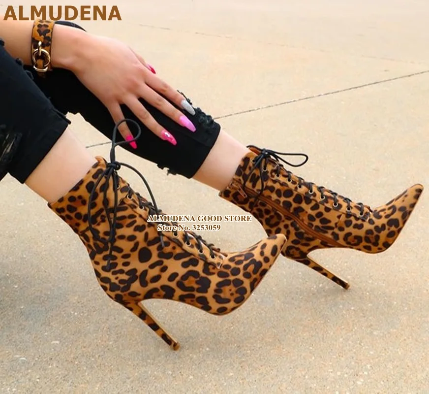 ALMUDENA Leopard Suede Pointed Toe Ankle Boots Stiletto Heels Lace-up Gladiator Booties Sexy Printed Short Motorcycle Boots