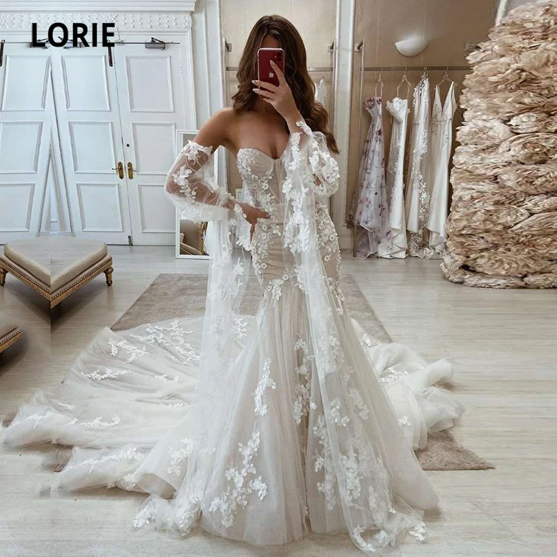 Lorie Luxe Trouwjurken Boho Sweetheart Lange Puff Mouwen Custom Made Wedding Zeemeermin Bruidsjurk 2021 Suknia Slubna