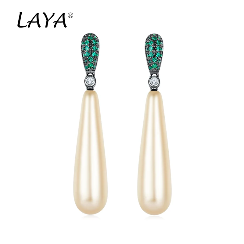 

LAYA Real New Fashion Elongated Pearl Dangle Earrings For Women Wedding Jewelry Gift Temperament Cubic Zirconia Eardrop