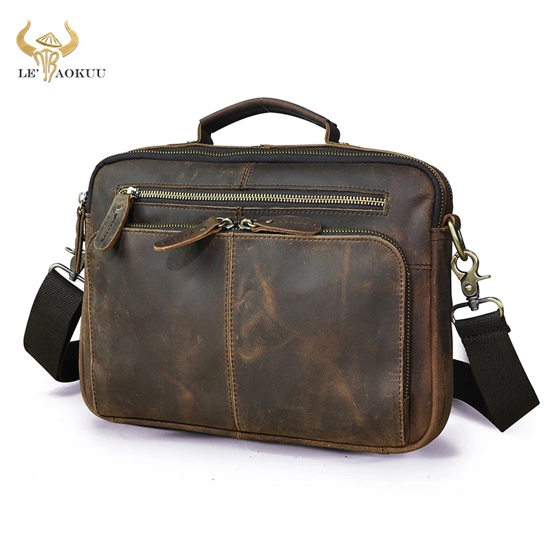 

Thick Crazy Horse Leather Male Vintage Horizontal Tote Messenger bag Design Satchel Cross-body bag 9.8" Tablet Case For Men 8059