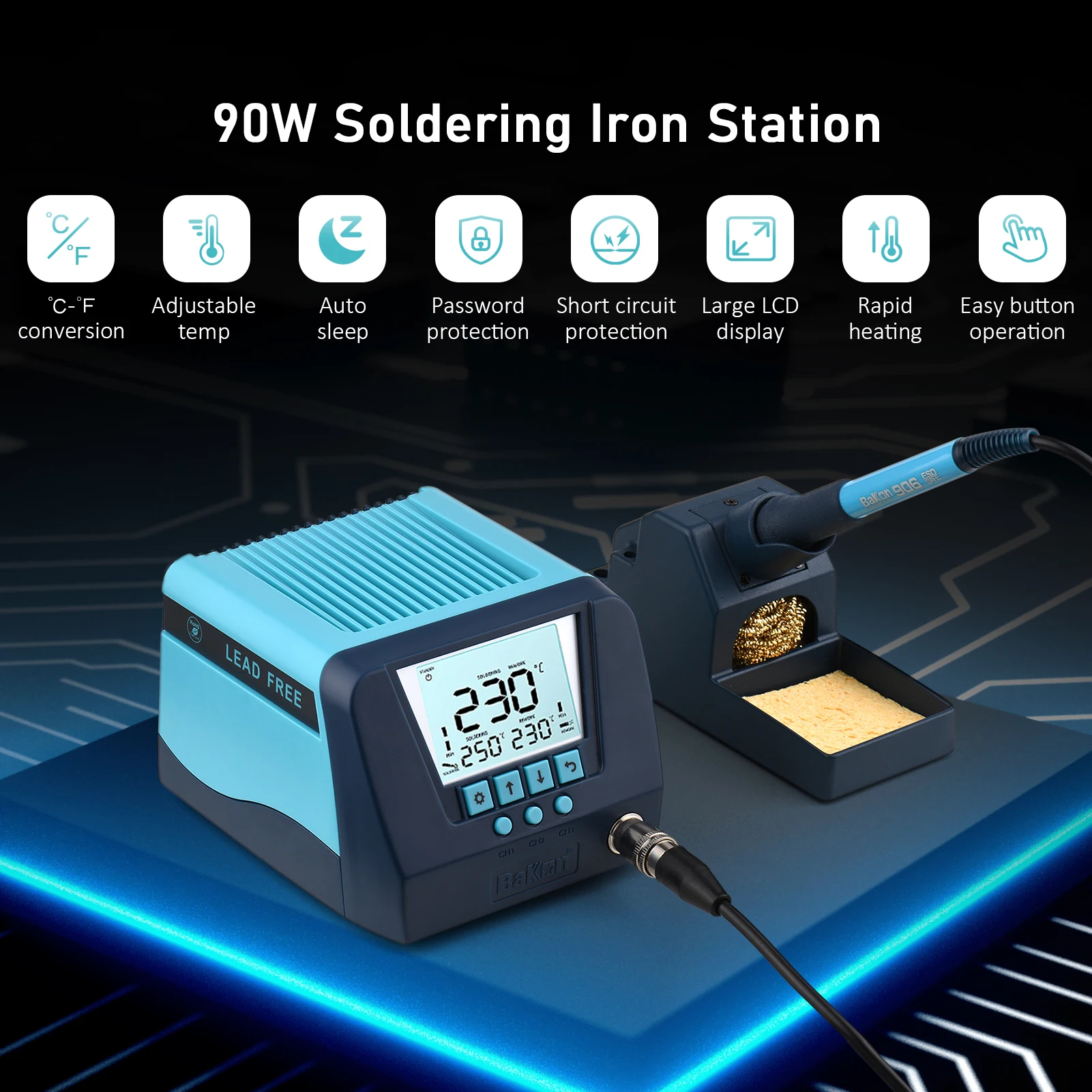 BAKON BK90 90W Solder Station Soldering Iron with Temperature Control (356℉-896℉Adjustable Range, ℃/℉) Auto Sleep Password Lock