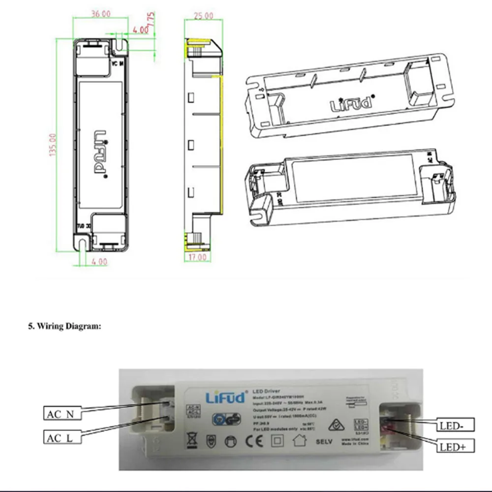 LiFud LED Driver 24-38W 950mA DC 33-40V AC220-240V LF-GIF040YS0950H Transformer LED Driver Panel for Class II LED Luminaire