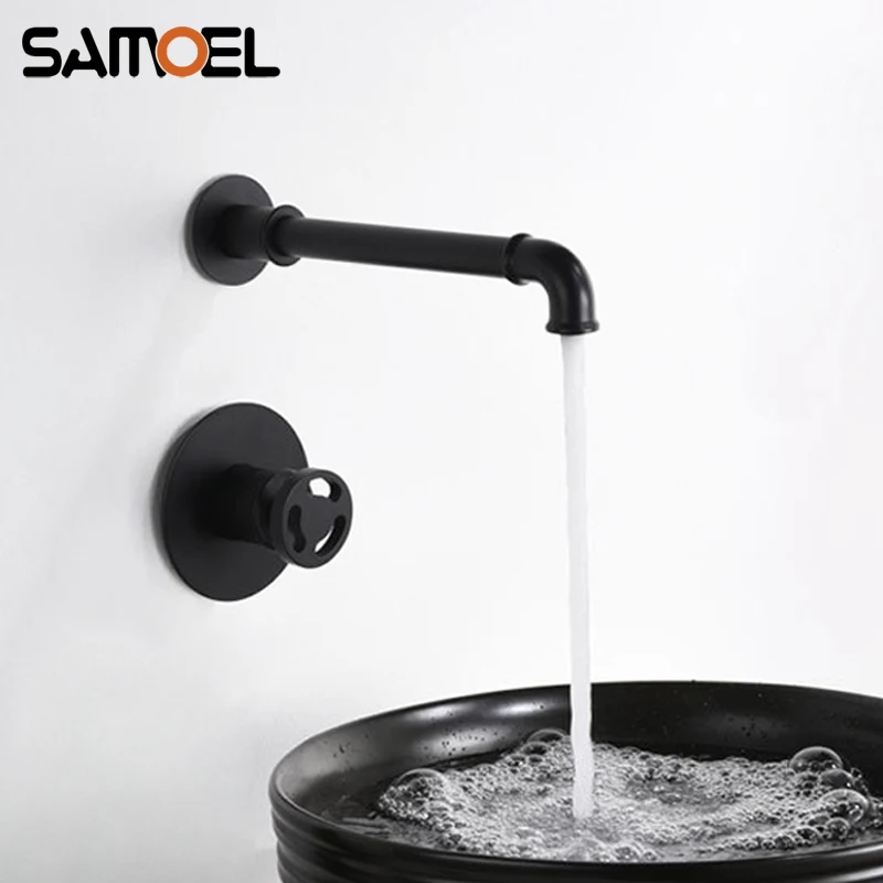 

New Arrival Wall-mounted Concealed Matte Black Industrial Style Separated Dual Hole Bathroom Basin Sink Faucet Mixer Tap B3394