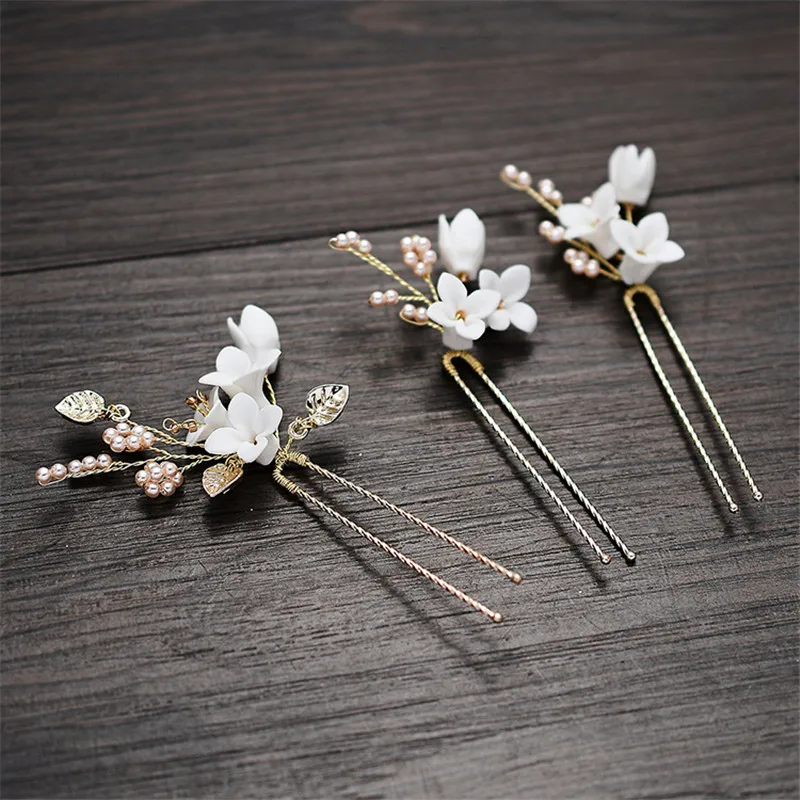 Pinzas para el pelo de novia con flores de porcelana blanca, joyería de perlas para mujer, horquillas de boda hechas a mano, accesorios