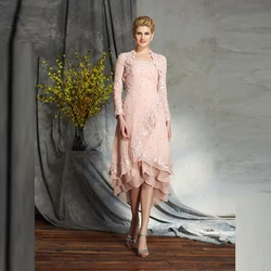 Latest Charming Blush Two Pieces Mother of the Bride Dresses Strapless Lace Tea Length Wedding Party Gowns with Coat Tier Skirt