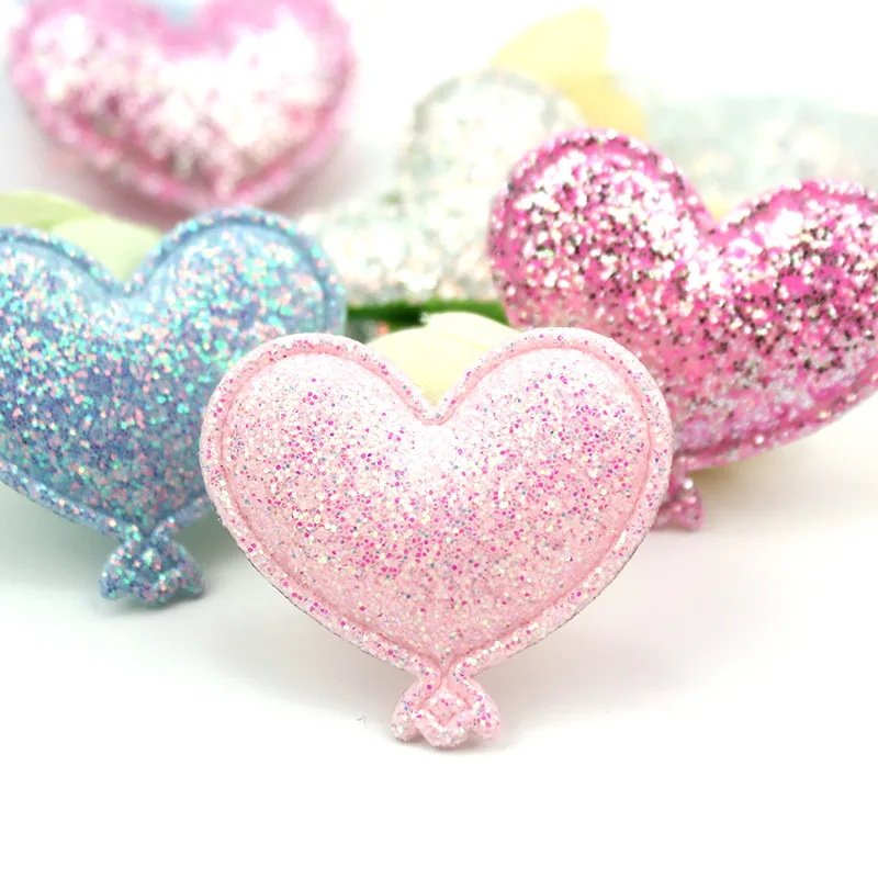 40Pcs 3.5*4cm Glitter Hearts Shape Padded Appliques for Baby's Headwear Shiny Crafts Decor Hairpin Accessories Wholesale