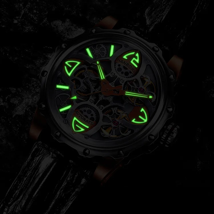 HANBORO Men Watch Luxury Mens Automatic Watches 50m Waterproof Luminous Mechanical Wristwatch Hollow Out Dial Leather Strap